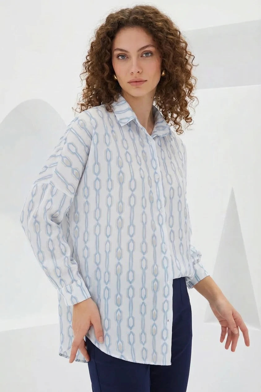 Kadın Oversize Desenli Saten Gömlek
