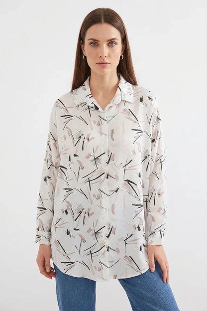 Kadın Oversize Desenli Saten Siyah Gömlek