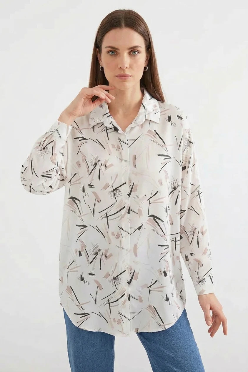 Kadın Oversize Desenli Saten Siyah Gömlek