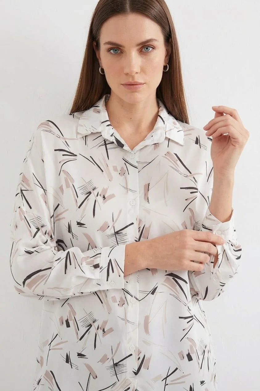 Kadın Oversize Desenli Saten Siyah Gömlek
