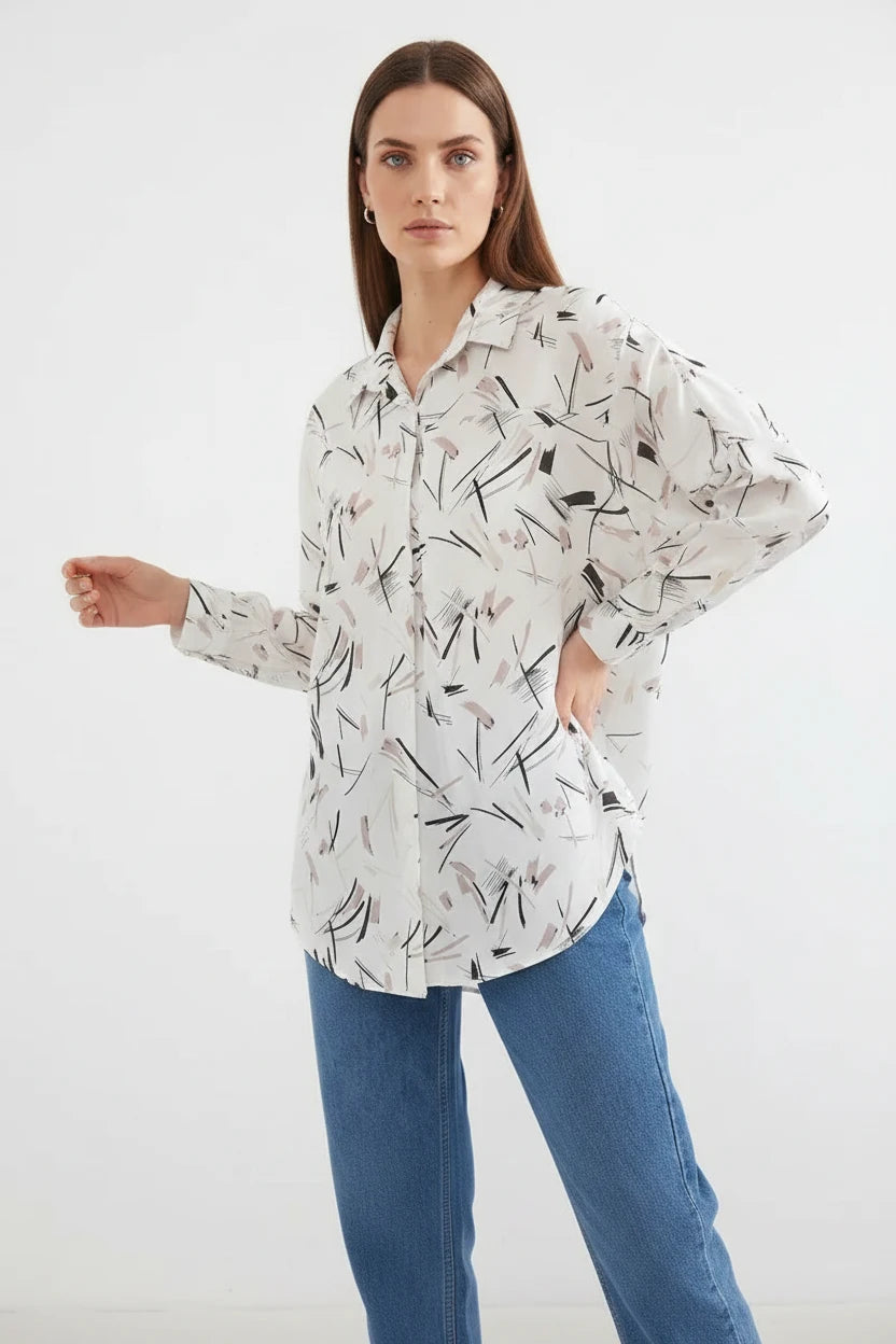 Kadın Oversize Desenli Saten Siyah Gömlek