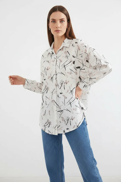 Kadın Oversize Desenli Saten Siyah Gömlek