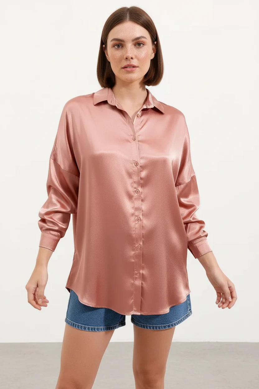 Kadın Oversize Kesim Saten Gömlek