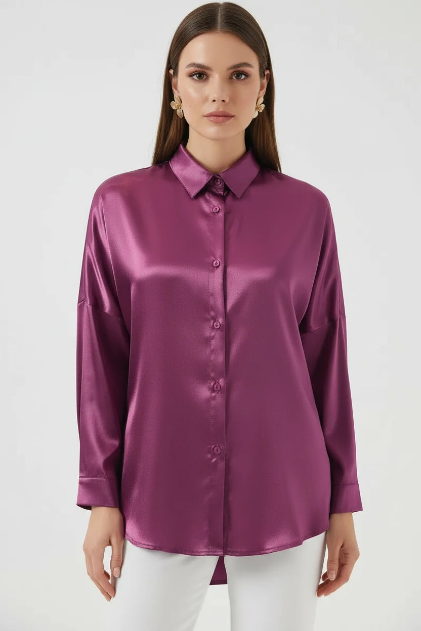 Kadın Oversize Kesim Saten Gömlek