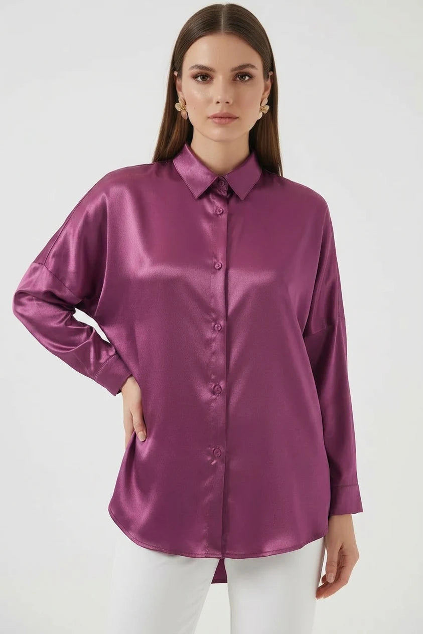 Kadın Oversize Kesim Saten Gömlek