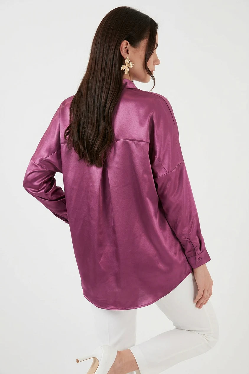 Kadın Oversize Kesim Saten Gömlek