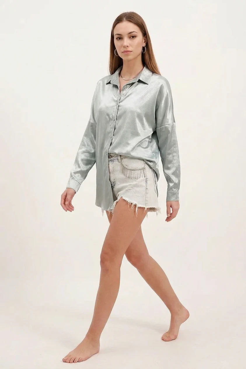 Kadın Oversize Kesim Saten Gömlek