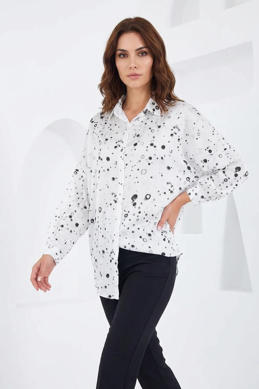 Kadın Oversize Desenli Saten Siyah Gömlek