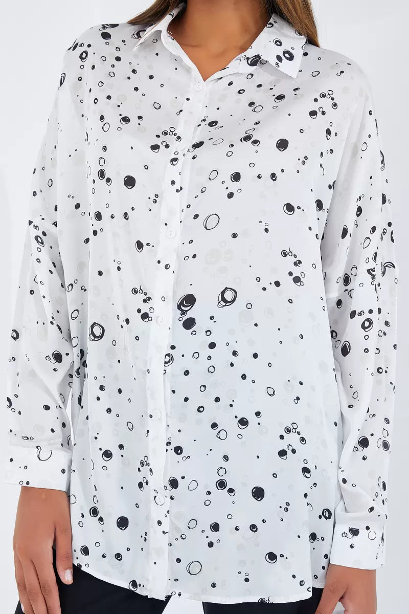 Kadın Oversize Desenli Saten Siyah Gömlek