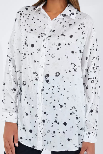 Kadın Oversize Desenli Saten Siyah Gömlek