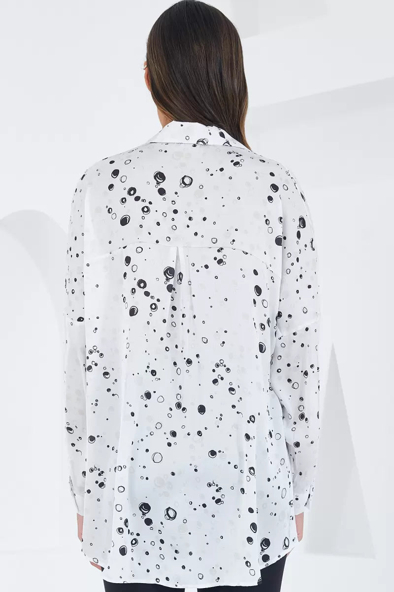 Kadın Oversize Desenli Saten Siyah Gömlek