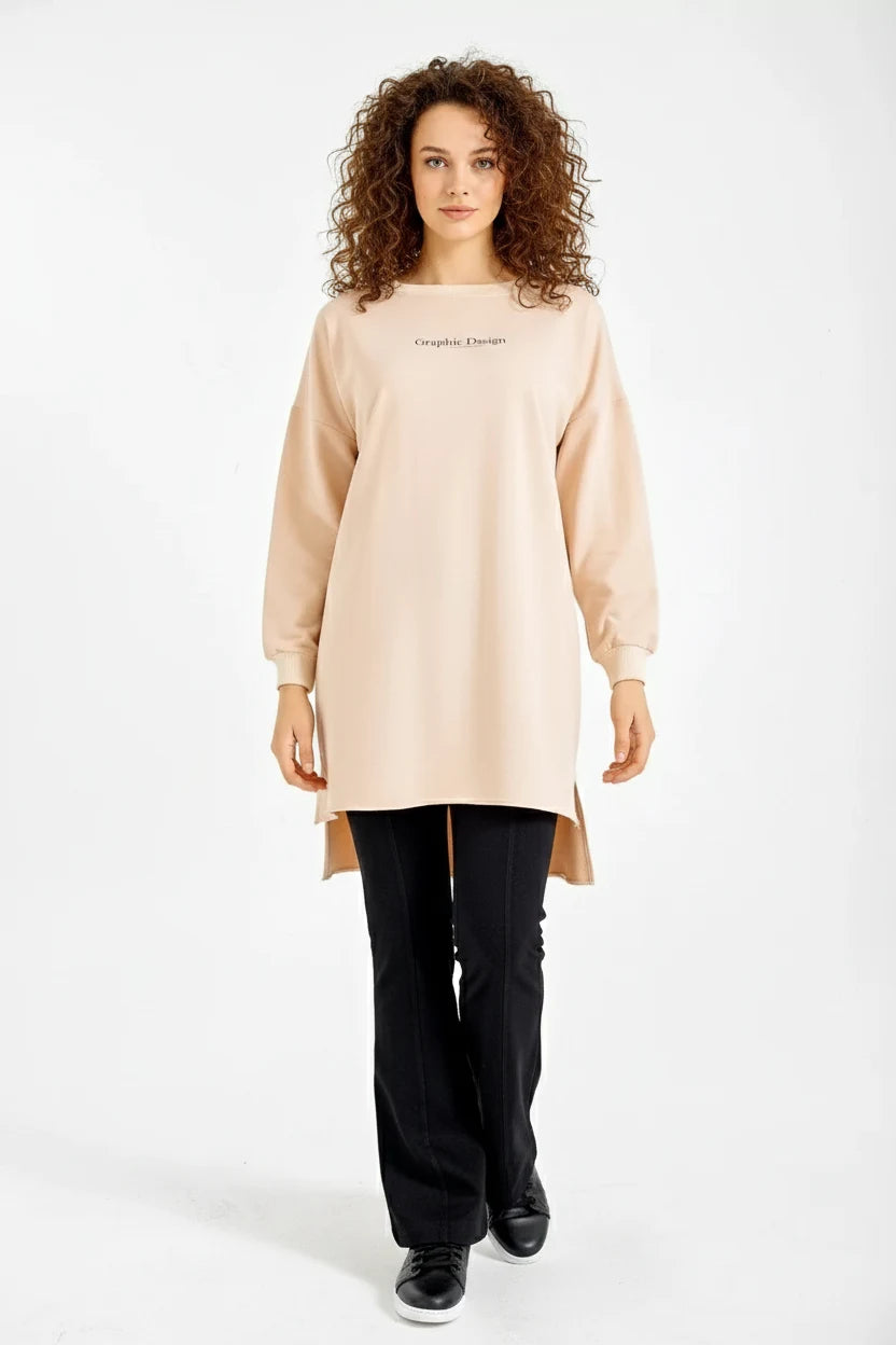 Kadın Yuvarlak Yaka Oversize Baskılı Bej Sweatshirt