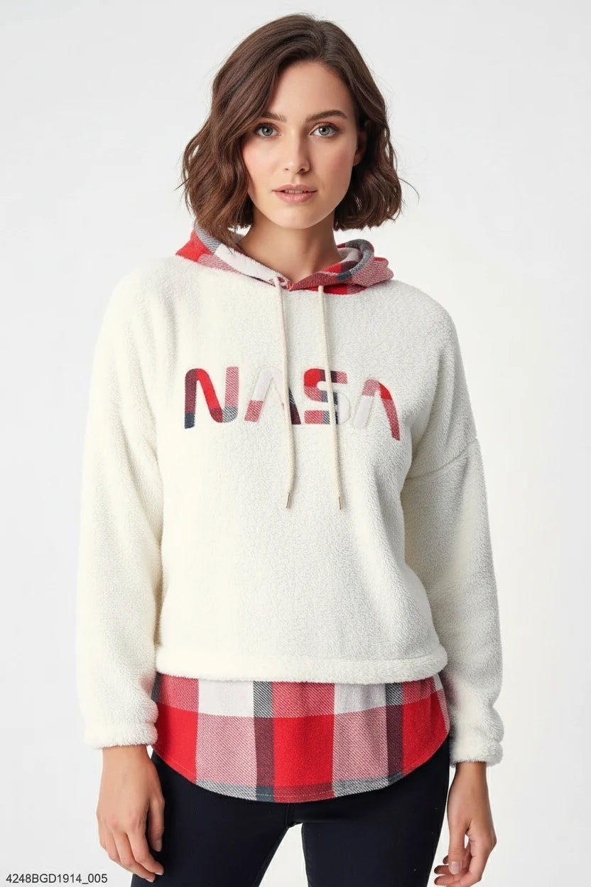 Kadın Kapüşonlu Ekose Desenli Beyaz Sweatshirt