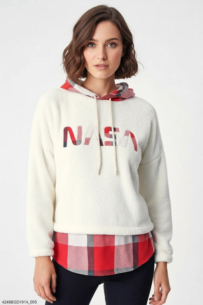 Kadın Kapüşonlu Ekose Desenli Beyaz Sweatshirt
