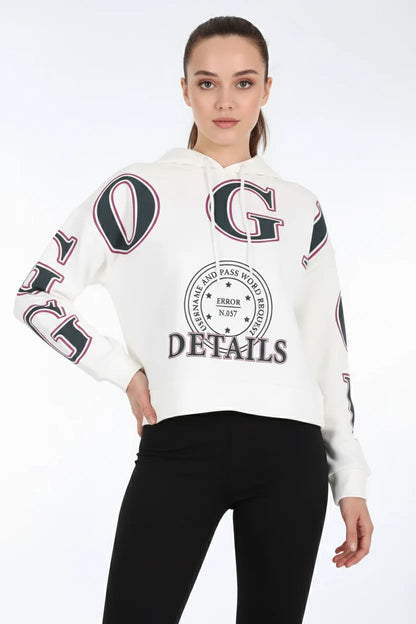 Kadın Kapüşonlu Baskılı Pamuklu Beyaz Sweatshirt