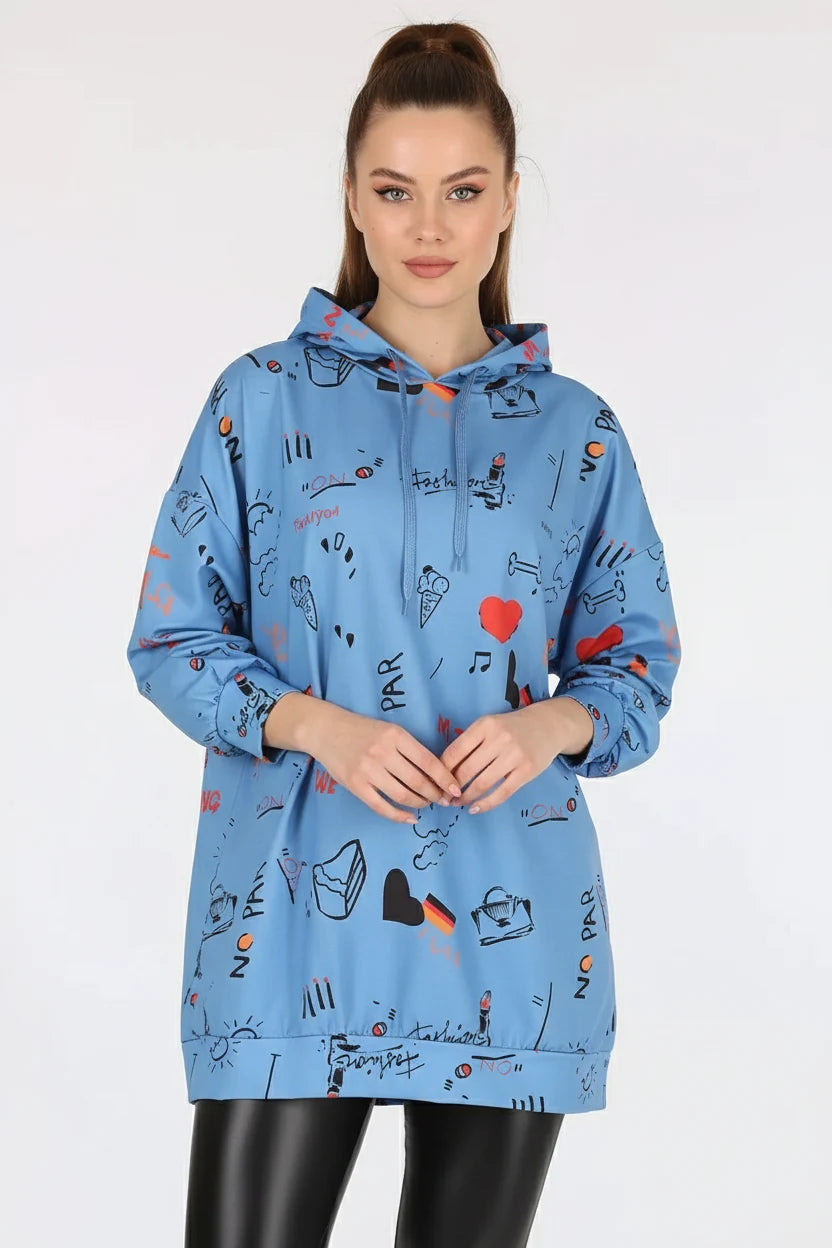Kadın Sıfır Yaka Oversize Kapüşonlu Grafik Desenli Pamuklu İndigo Sweatshirt