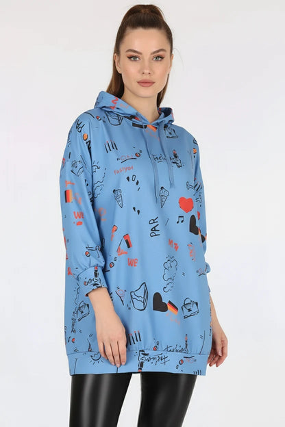 Kadın Sıfır Yaka Oversize Kapüşonlu Grafik Desenli Pamuklu İndigo Sweatshirt