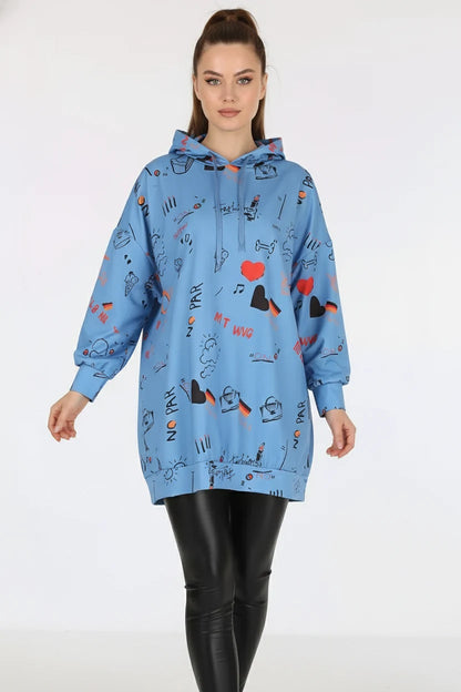 Kadın Sıfır Yaka Oversize Kapüşonlu Grafik Desenli Pamuklu İndigo Sweatshirt