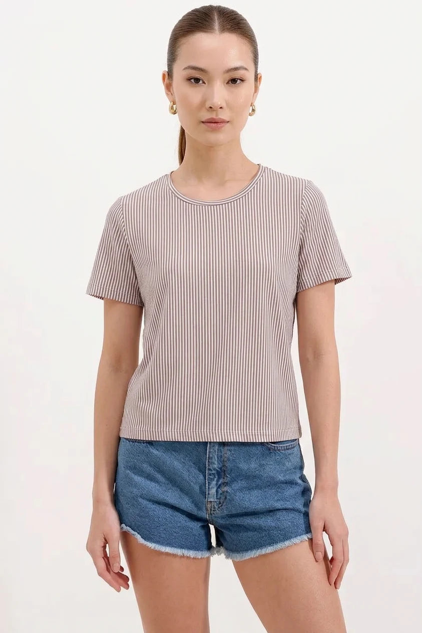 Kadın Basic Çizgili Viskon Kahverengi Tişört