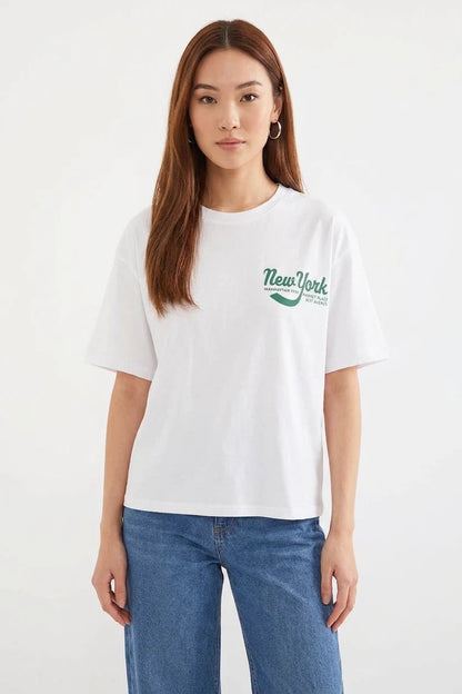 Kadın Basic Baskılı Beyaz Tişört