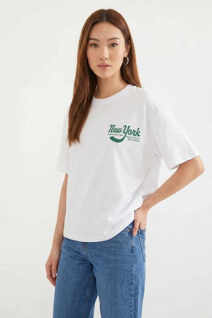 Kadın Basic Baskılı Beyaz Tişört