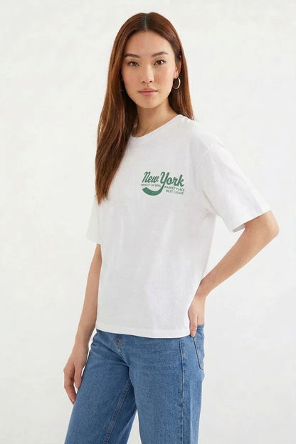 Kadın Basic Baskılı Beyaz Tişört