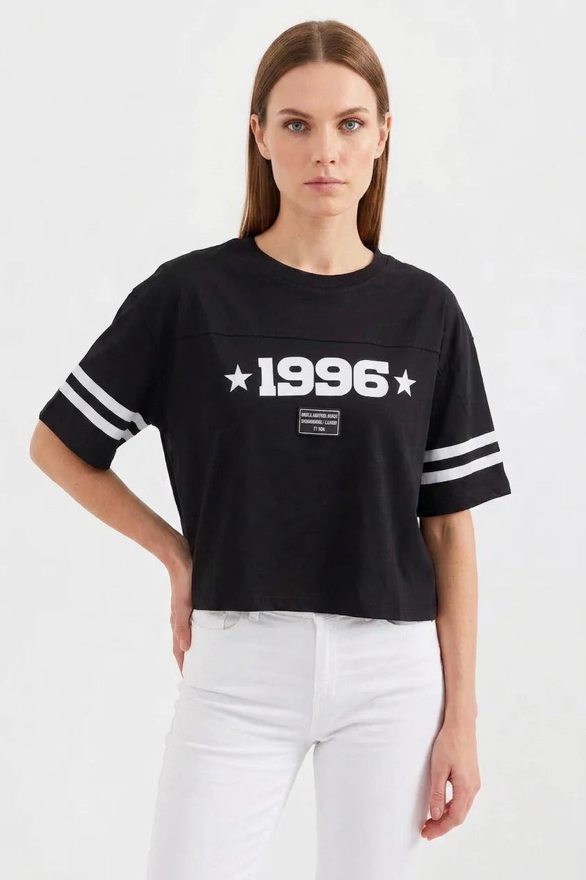 Kadın Basic Oversize Çizgili Kol Siyah Tişört