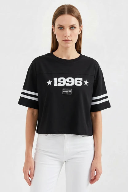 Kadın Basic Oversize Çizgili Kol Siyah Tişört