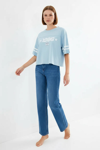 Kadın Basic Oversize Çizgili Kol Baskılı Mavi Tişört