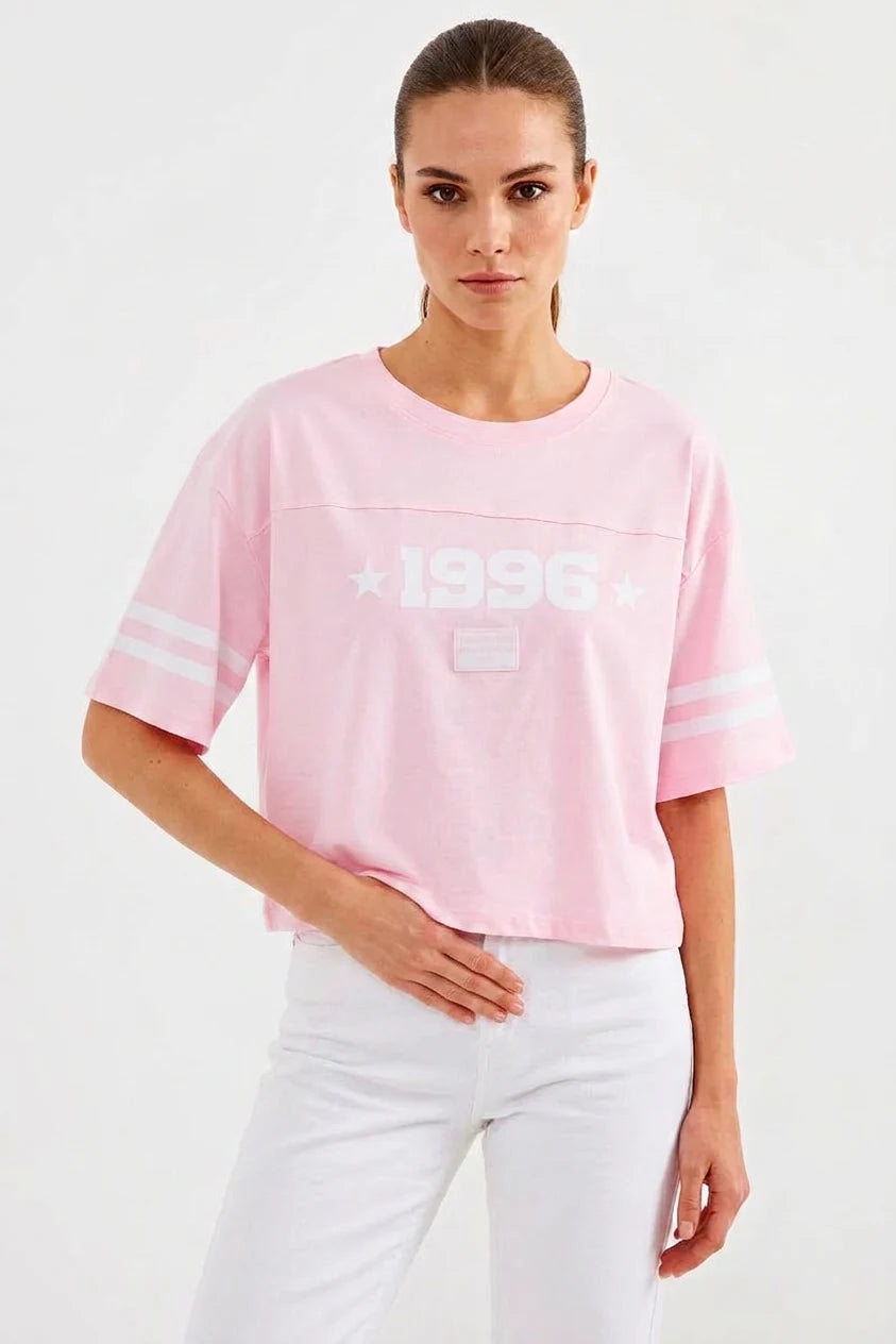 Kadın Basic Oversize Çizgili Kol Pembe Tişört
