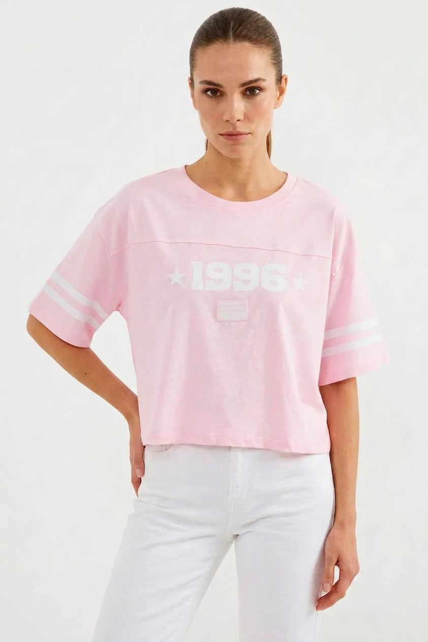 Kadın Basic Oversize Çizgili Kol Pembe Tişört