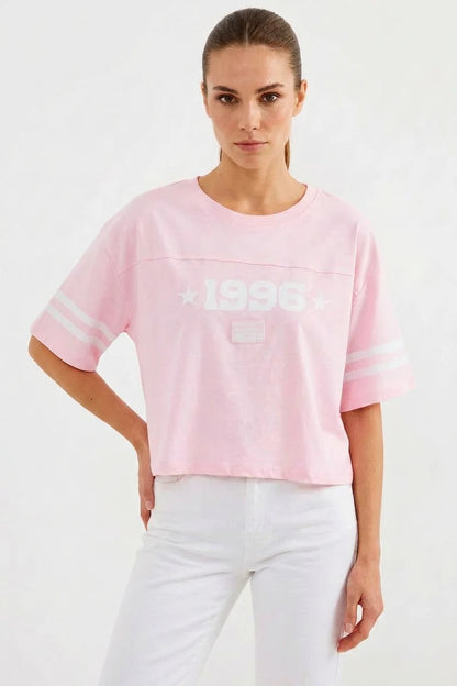 Kadın Basic Oversize Çizgili Kol Pembe Tişört