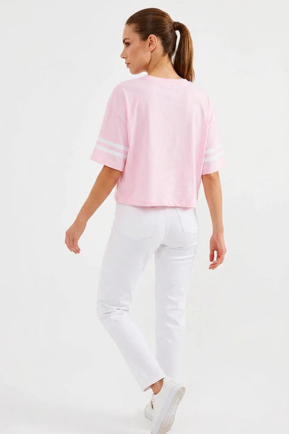 Kadın Basic Oversize Çizgili Kol Pembe Tişört