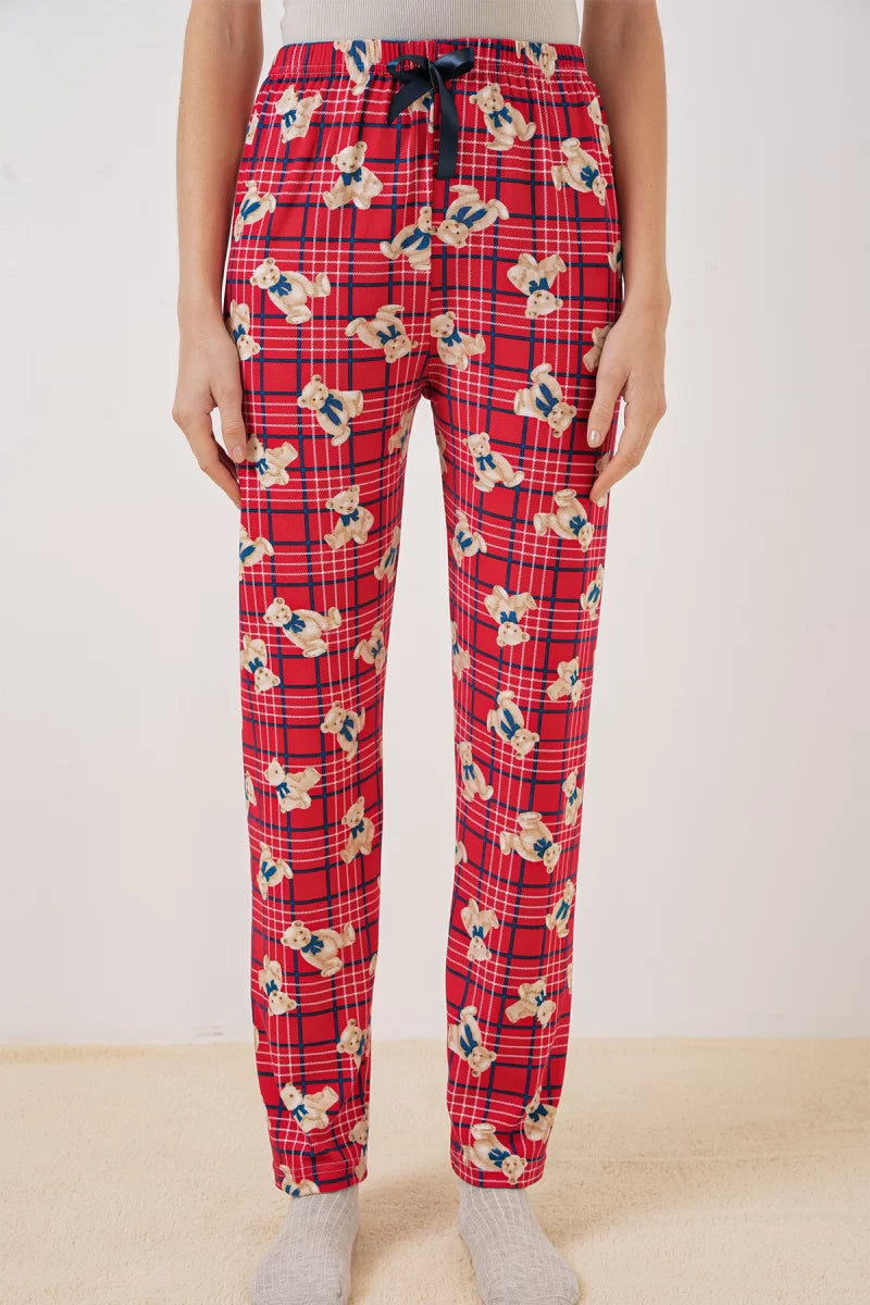 Kadın Beli Bağcıklı Çizgili Ayı Desenli Kırmızı Pijama Altı
