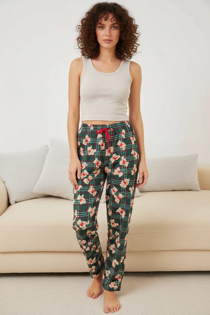 Kadın Beli Büzgülü Kareli Desenli Zümrüt Yeşili Pijama Altı