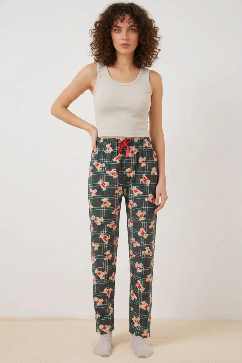 Kadın Beli Büzgülü Kareli Desenli Zümrüt Yeşili Pijama Altı