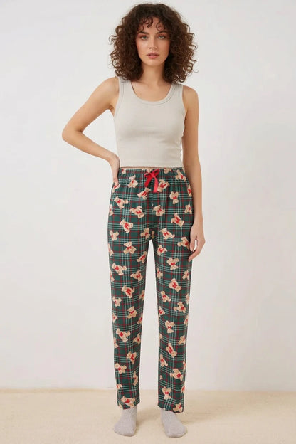 Kadın Beli Büzgülü Kareli Desenli Zümrüt Yeşili Pijama Altı