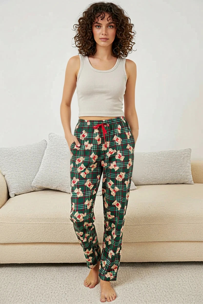 Kadın Beli Büzgülü Kareli Desenli Zümrüt Yeşili Pijama Altı
