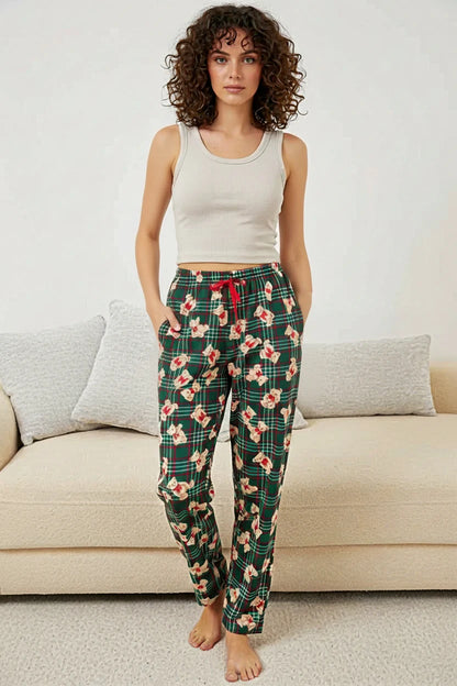 Kadın Beli Büzgülü Kareli Desenli Zümrüt Yeşili Pijama Altı