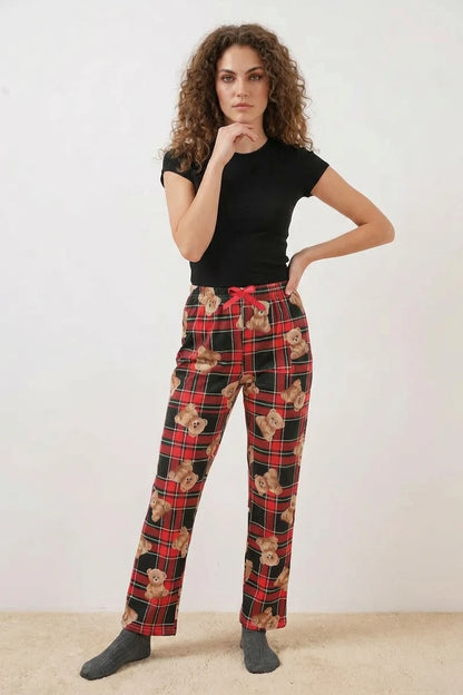 Kadın Normal Bel Kareli Desenli Kırmızı Pijama Altı