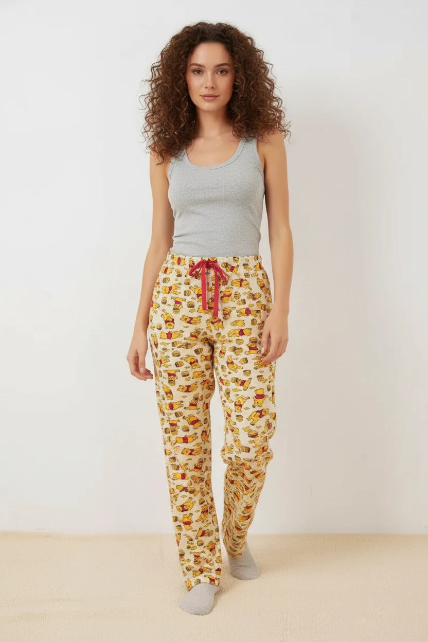 Kadın Beli Büzgülü Desenli Krem Pijama Altı