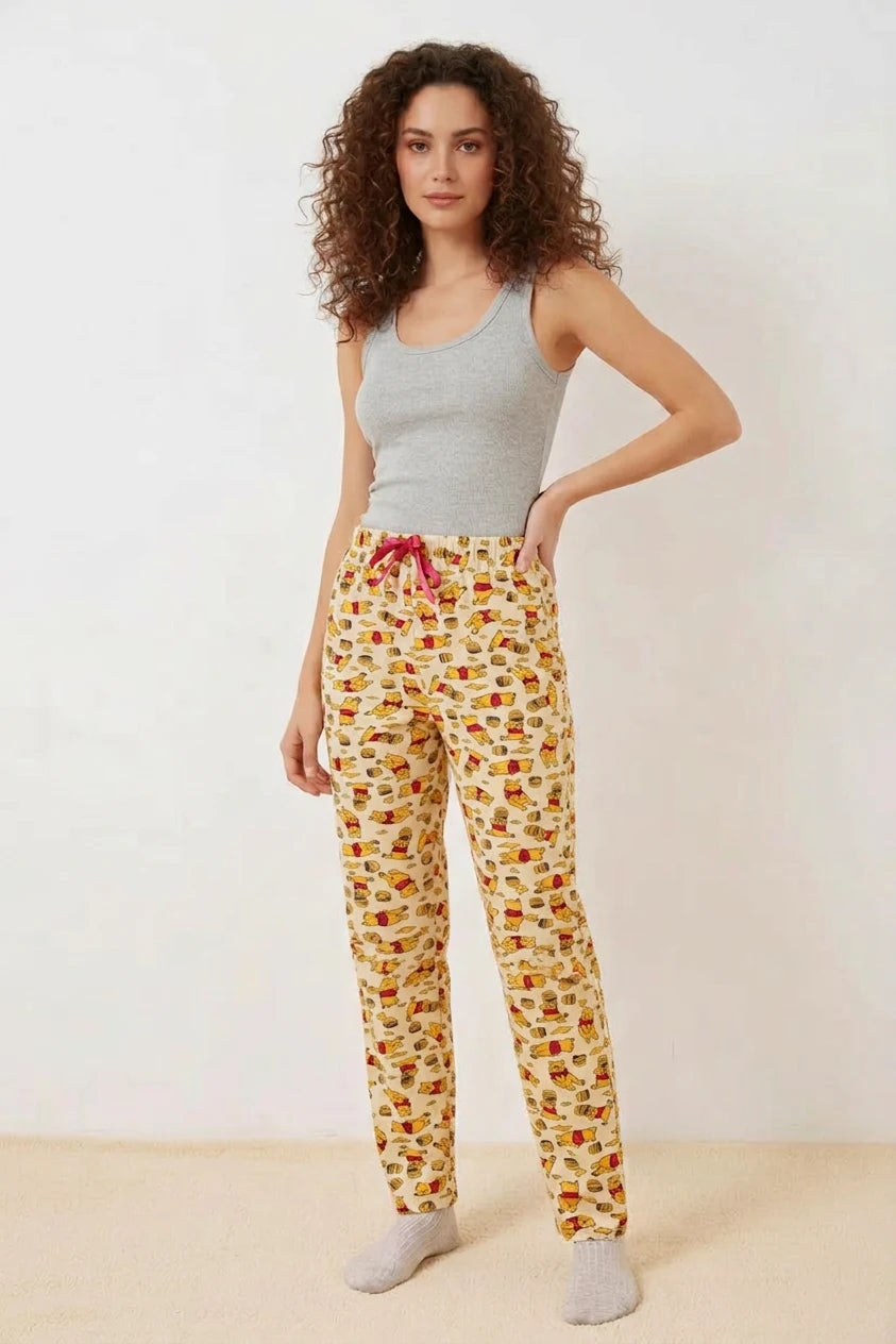 Kadın Beli Büzgülü Desenli Krem Pijama Altı