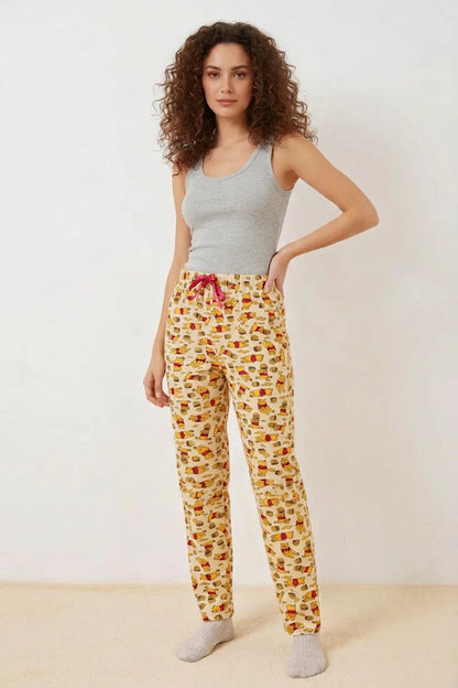 Kadın Beli Büzgülü Desenli Krem Pijama Altı