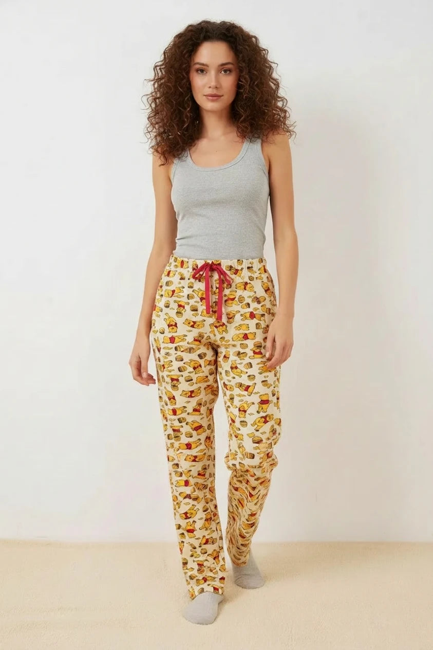 Kadın Beli Büzgülü Desenli Krem Pijama Altı