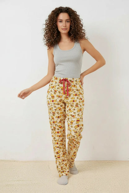 Kadın Beli Büzgülü Desenli Krem Pijama Altı