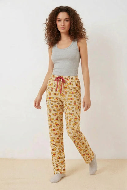 Kadın Beli Büzgülü Desenli Krem Pijama Altı