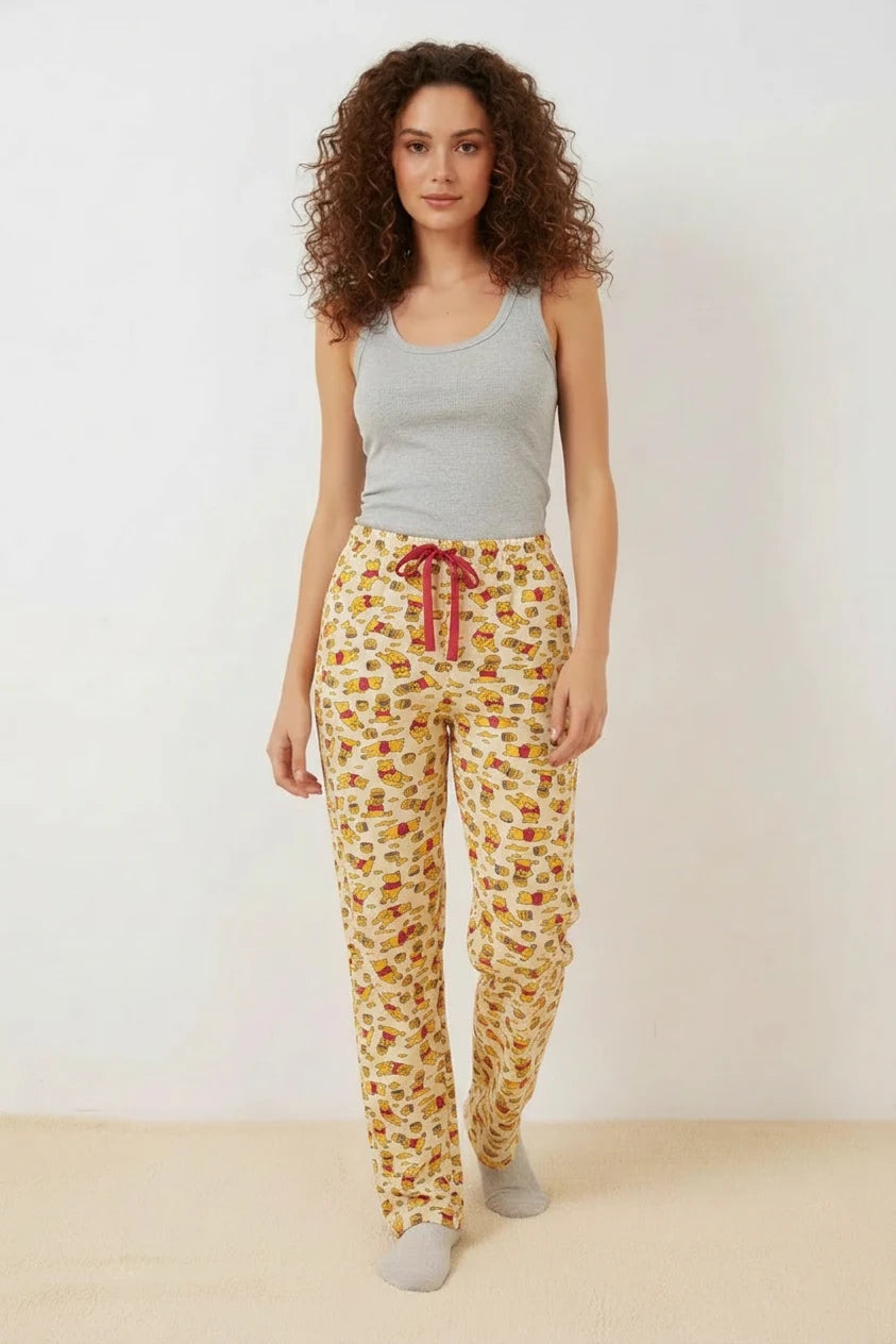 Kadın Beli Büzgülü Desenli Krem Pijama Altı