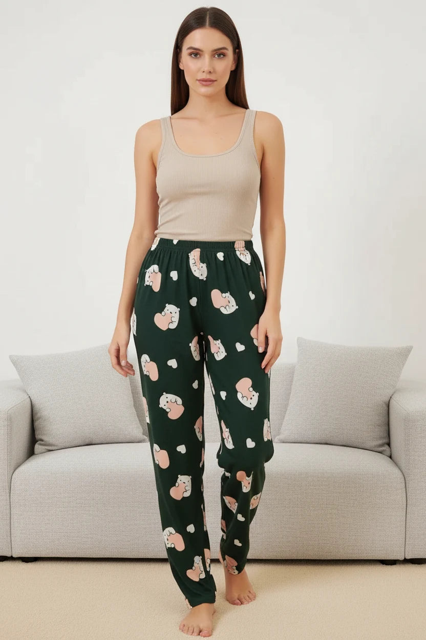 Kadın Bel Lastikli Desenli Zümrüt Pijama Altı