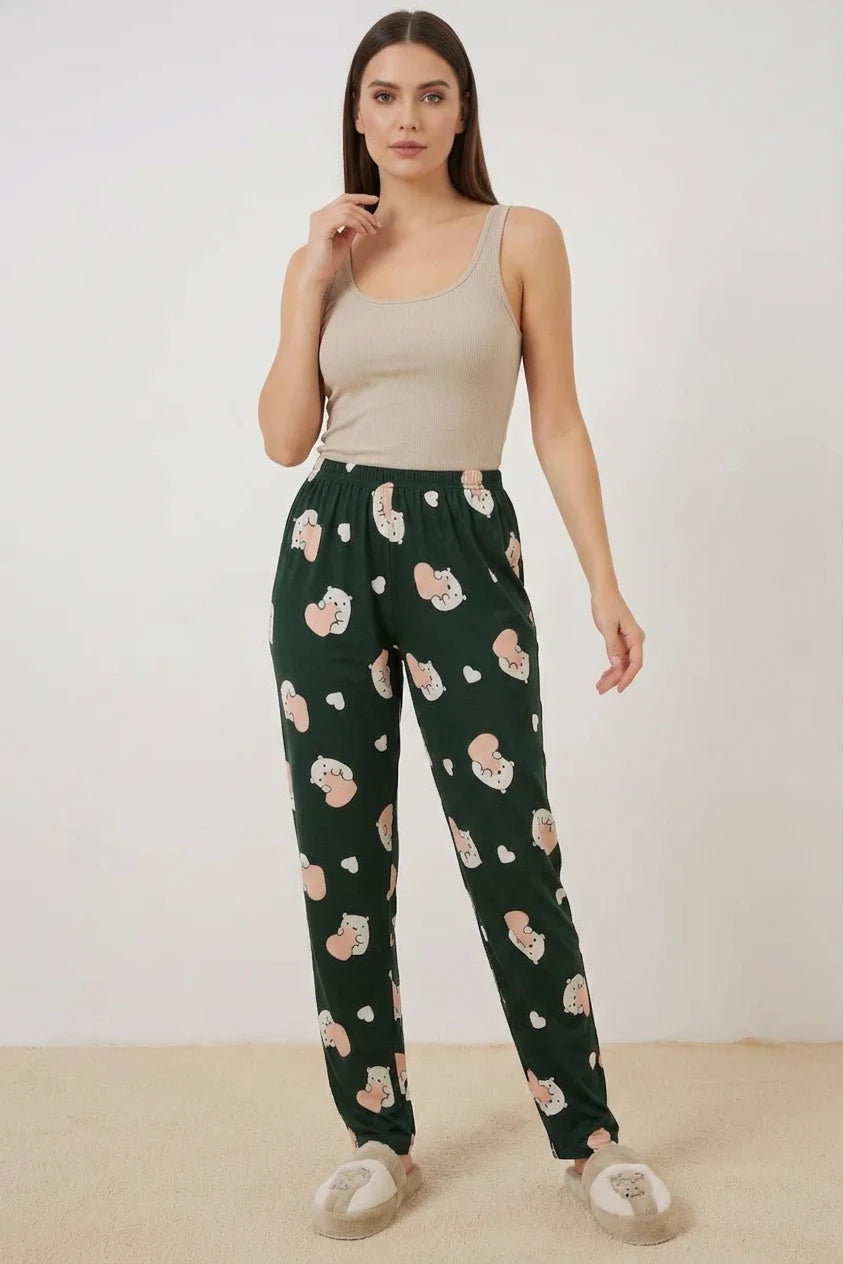 Kadın Bel Lastikli Desenli Zümrüt Pijama Altı