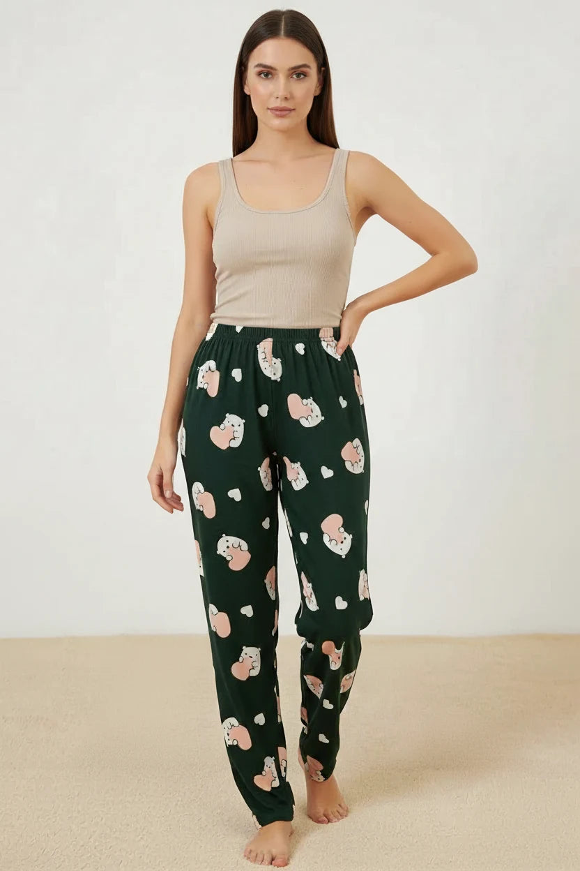 Kadın Bel Lastikli Desenli Zümrüt Pijama Altı